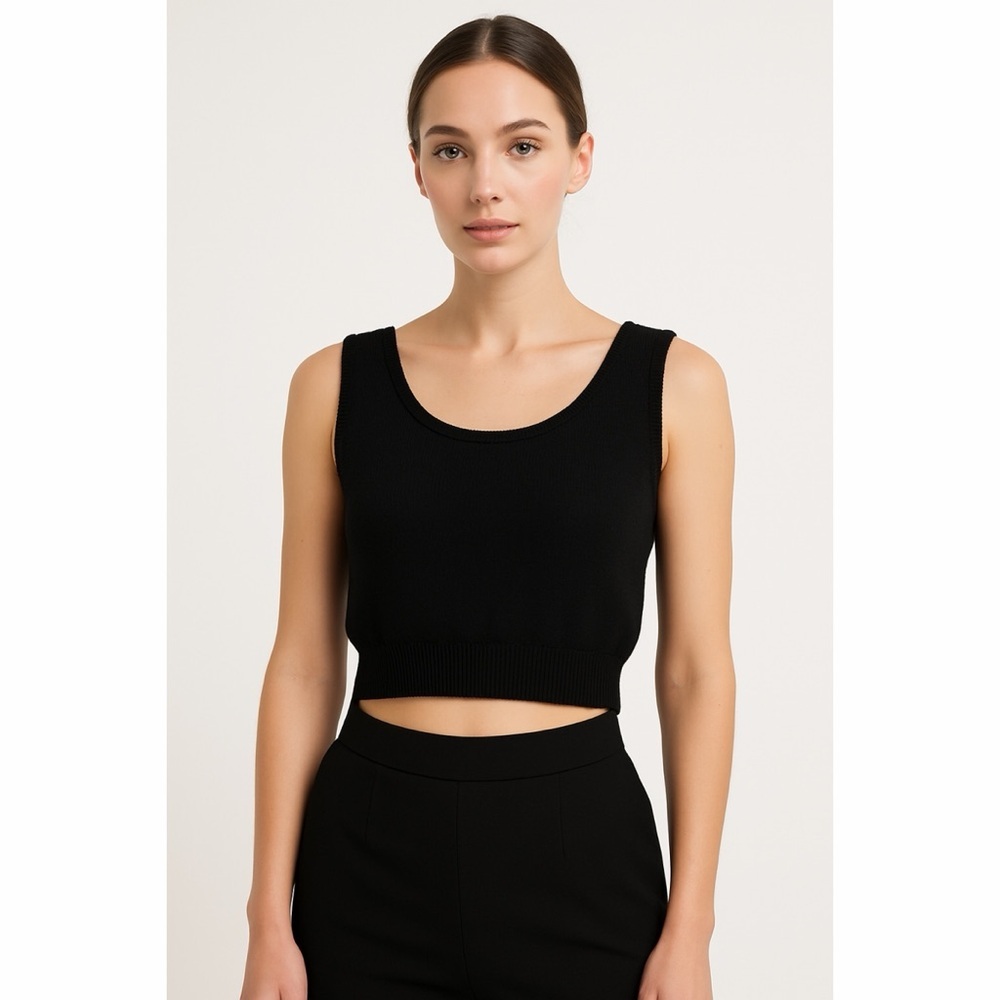 St. John Black Cropped Knit Tank Sweater